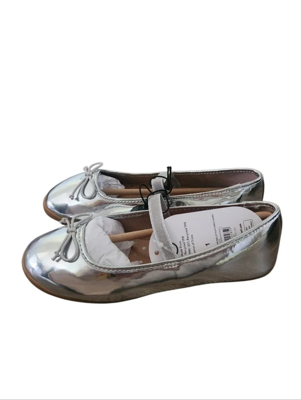 Girls Silver Mary Jane Ballet Flats with Bow Sz 1 Nwt
